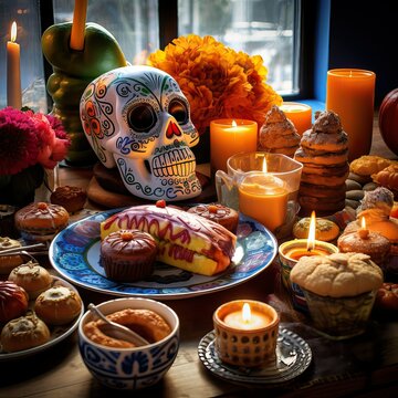 Human Skull on a Wooden Table Surrounded by Candles: A Still Life of Death and Memory