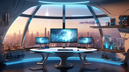 Futuristic Command Center with Panoramic Cityscape View and Advanced Technology