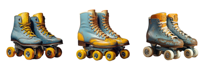 Png Set Old roller skates with blue gray and yellow wheels on a worn pocket transparent background