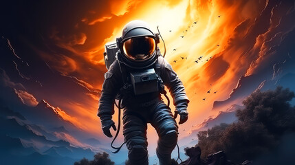Obraz premium Cosmic Voyager: An Astronaut's Journey in the Vastness of Space as Depicted by Generative AI