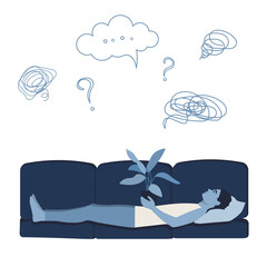 guy lying on the sofa thinking about life at night. man holding plant. Depressed man. Concept of fear, shame, social phobia. Confused thoughts. Vector flat illustration EPS10 