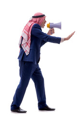 Old arab businessman holding megaphone isolated on white