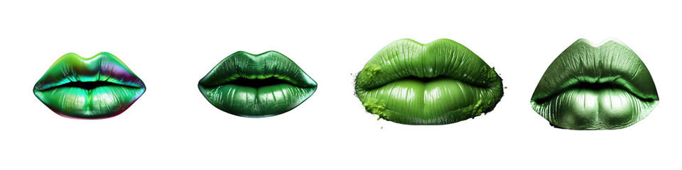 Png Set Green lipstick kiss mark on a transparent background Beautiful isolated lips Bright hot kiss imprint Valentine s Day trendy feature - obrazy, fototapety, plakaty