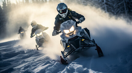 Illustration of an exciting snowmobile race. Racing snowmobiles sliding through the snow at high speeds kicking up snow dust into the air. Competition in the snow. - obrazy, fototapety, plakaty