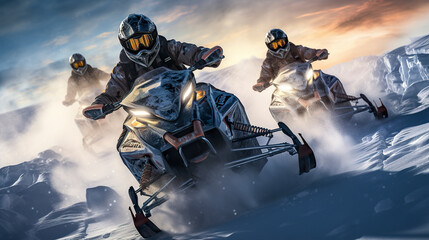 Illustration of an exciting snowmobile race. Racing snowmobiles sliding through the snow at high speeds kicking up snow dust into the air. Competition in the snow. - obrazy, fototapety, plakaty