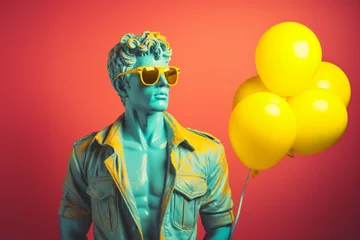 Fotobehang An antique male bust wearing washed blue jeans jacket, yellow sunglasses and holding yellow balloons. Happy birthday or Valentine concept. Generative AI © Miss V