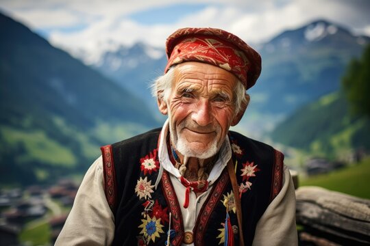 Portrait of old swiss man in the alps wearing traditional swiss cultural clothing. beautiful scenic view on mountains, fieds and a village in the background