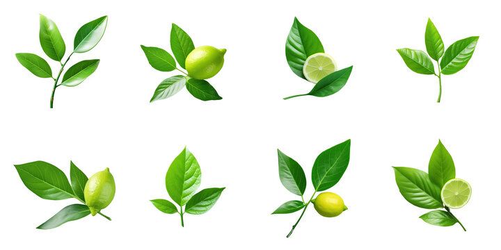Png Set Isolated green lemon leaf with transparent background and clipping path