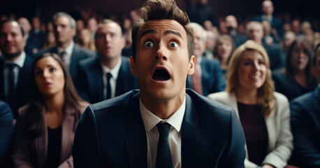 Obraz premium Portrait of an insanely surprised young businessman with colleagues at the presentation.