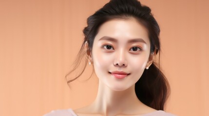 Asian woman portrait, Beautiful young asian woman with clean fresh skin on beige background, Facial treatment, Cosmetology.