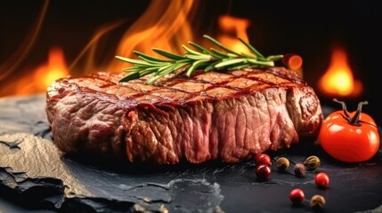 Beef steak on slate plate. - obrazy, fototapety, plakaty