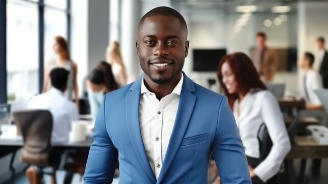 Positive confident professional, Black Businessman with colleagues in the background in office.