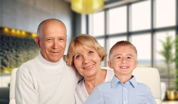 happy old grandparents with cute child at home, AI generated image