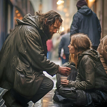 Homelessness/beggar on the street.AI generated.