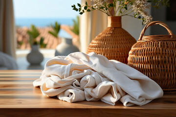 Dirty laundry on top of a table in a laundromat. Clothes in laundry room with copy space and background with washing machine. Daily laundry task scene.