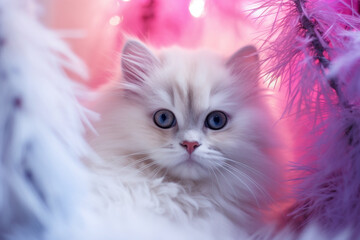 Adorable little kitty on a colorful pastel Christmas tree. Pastel shades of rainbow colors.