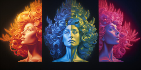 Three female busts of different colors decorated with Christmas tree branches and ornaments against dark blue wall. Vaporwave, bold and  vibrant colors, neon lights.