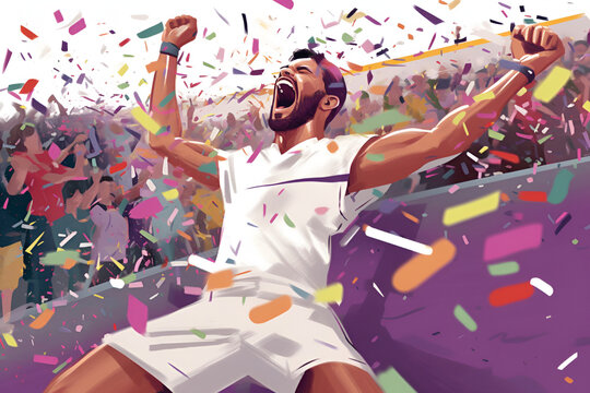 Portrait of happy excited young tennis player winning 