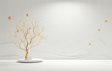 Aesthetic holiday composition with golden branches and decorations on an ivory background.