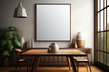 Mockup of a vertical blank and empty wall frame in a kitchen with modern furniture.