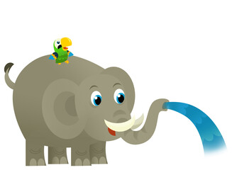 cartoon wild happy young elephant spilling water with other animal isolated illustration for children