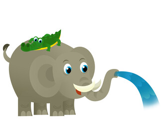 cartoon wild happy young elephant spilling water with other animal isolated illustration for children