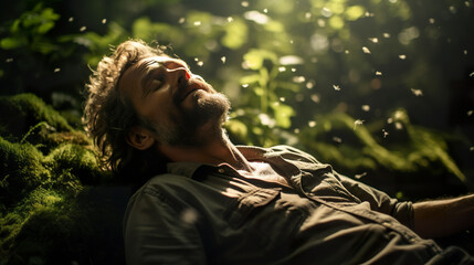 Illustration of an elderly man lying on his back on the forest floor with sun rays touching his face in connection with nature. Elderly man with calm expression in soft, warm lighting.