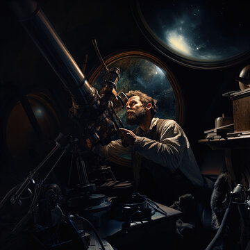 The image shows a man with a beard, wearing a vest and shirt, peering intently through the eyepiece of a large, antique-looking telescope. He is inside a dimly lit room with classical architectural fe
