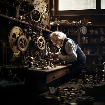 The image features an elderly man with white hair and a beard, wearing a dress shirt with rolled-up sleeves, a waistcoat, and a pair of eyeglasses. He is focused on repairing or assembling a mechanica