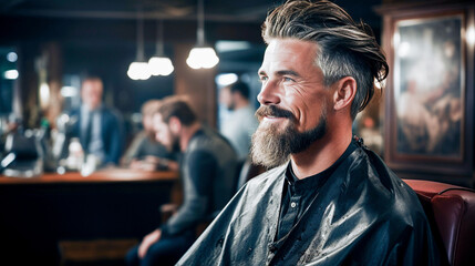 Handsome model man with a beard in the hairdresser barbershop salon gets a new haircut trim and style it - obrazy, fototapety, plakaty