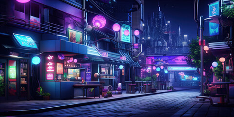 Fototapeta premium The image depicts a vibrant street scene at night in a city with a strong East Asian influence, resembling areas like those found in Japan or a stylized representation of such. Neon lights in various 