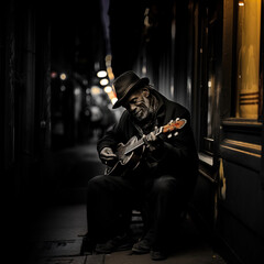 Fototapeta na wymiar The image shows an older man seated on a small stool playing a guitar on a city street at night. The man is wearing a dark coat, a scarf, a hat, and gloves, suggesting it might be cold. The guitar is 