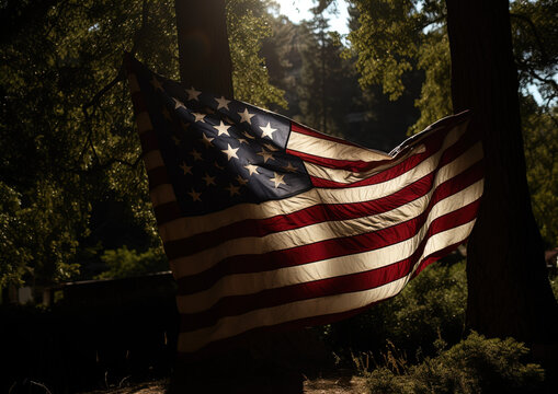 The image depicts the American flag unfurled and backlit by sunlight. The flag's stars and stripes are visible against a natural background that includes dark silhouette shapes of trees, with sunlight