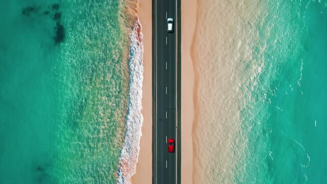 car travel by world destinations, city and nature, beach with water and forest with desert, generative AI