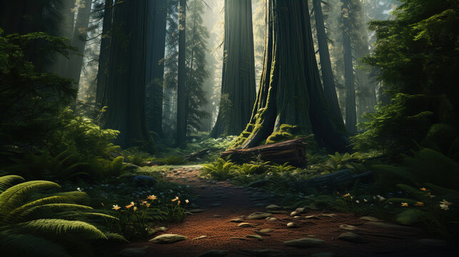 This image depicts a serene and enchanting scene within an old-growth forest. The towering, straight trunks of ancient trees, likely redwoods, stretch upwards, their bark cloaked in a soft layer of gr