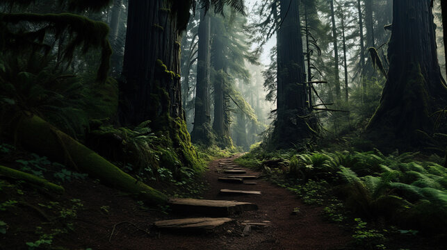 The image shows a serene path through an old-growth forest. The pathway is made of unevenly laid out wooden steps nestled into the rich soil. Tall trees with thick trunks rise majestically on either s
