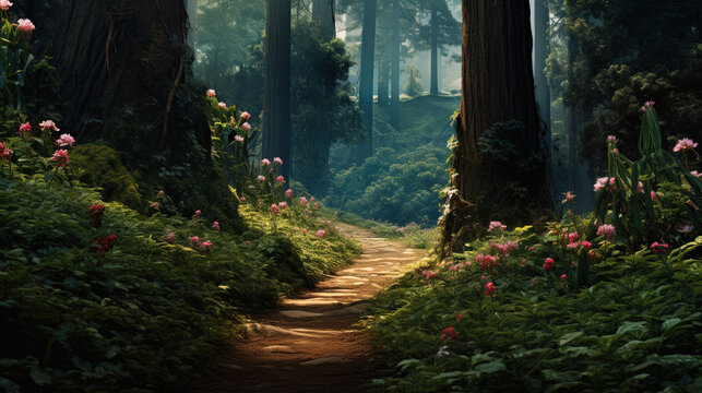 The image depicts a serene and enchanting forest scene. A winding dirt path, bathed in dappled sunlight, leads through the undergrowth and between towering trees with thick, rough bark. Lush green fol