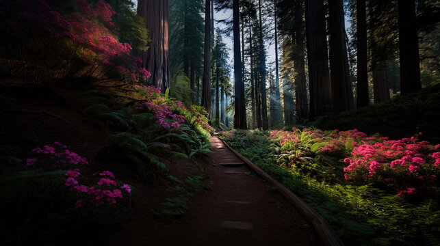 The image captures a serene and majestic view of a forest trail. The pathway, flanked by reddish-brown soil, meanders through towering redwood trees reaching high into the sky. On either side of the t