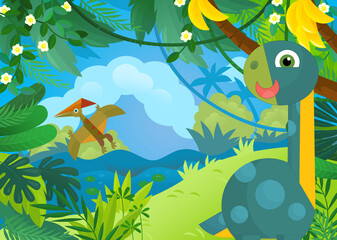 cartoon scene with happy prehistoric dinosaur living in the jungle illustration for children