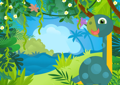 cartoon scene with happy prehistoric dinosaur living in the jungle illustration for children