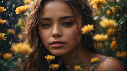 portrait photo beautiful girl with rain and flowers