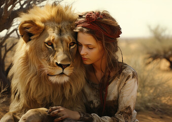 The image depicts a peaceful and intimate moment between a young woman and a lion. The woman has long, wavy hair and is adorned with a reddish headband, her attire suggesting a rustic or natural eleme