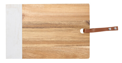 Empty rectangular wooden kitchen cutting board with stone insert, top view
