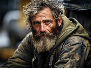 Illustration of a military veteran man with tired look and worn out clothes living on the street. Homeless military veteran with time scars of memories and challenges. - obrazy, fototapety, plakaty