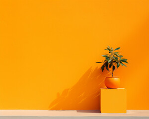 orange tree in orange pot on orange table in orange room - obrazy, fototapety, plakaty
