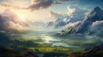 A mist-covered valley at the break of dawn, with towering mountains in the background, creating an ethereal atmosphere