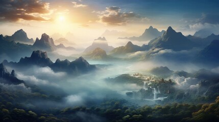 A mist-covered valley at the break of dawn, with towering mountains in the background, creating an ethereal atmosphere - obrazy, fototapety, plakaty