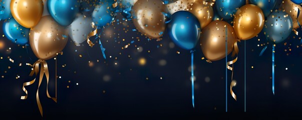 Holiday background with golden and blue metallic balloons, confetti and ribbons. Festive card for birthday party, anniversary, new year, christmas or other events | Generative AI