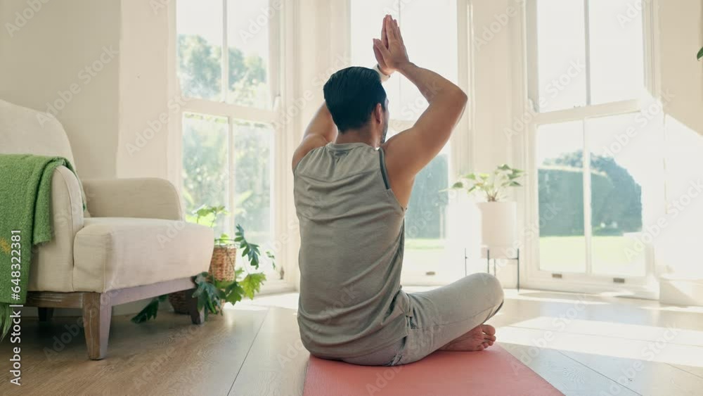 Poster Yoga meditation, back and relax person meditate for spiritual healing, chakra energy balance or home wellness, freedom or calm. Floor, pilates exercise and yogi mindfulness, mindset or zen self care