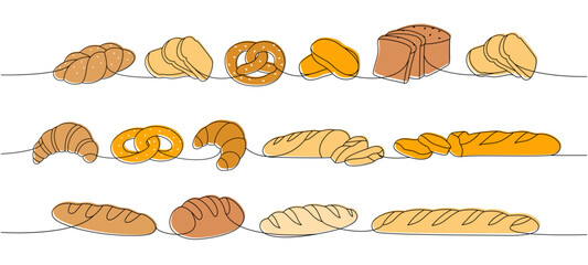 Fresh breads one line colored continuous drawing. Wheat bread, pretzel, ciabatta, croissant, bagel, french baguette continuous one line illustration. - 648322321
